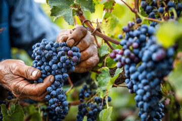 Close-up of hands carefully harvesting ripe grapes from vine