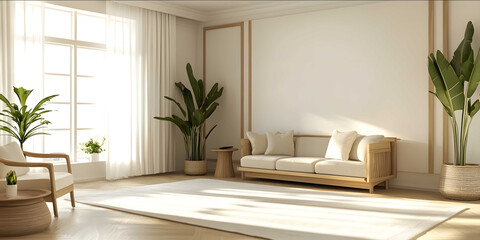 The living room is furnished with wooden furniture and beige sofas clean carpet white background wall