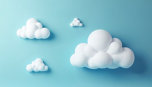 Blue sky with fluffy white clouds scattered across. Clouds in different distances create sense of depth. Sky transitions from dark blue to light blue. Slightly tilted to right adds dynamic element.