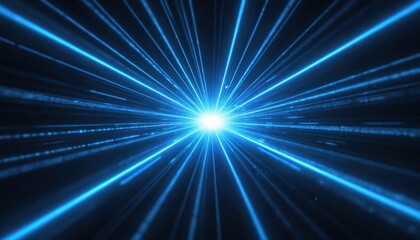 Obraz premium Bright blue light beams converge towards a central point in deep dark space. This abstract visual represents concepts like speed, energy, and futuristic travel through a cosmic tunnel.
