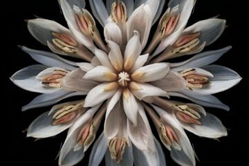 Beautiful floral mandala created from white and cream flowers arranged against a black background showcasing intricate details and natural symmetry