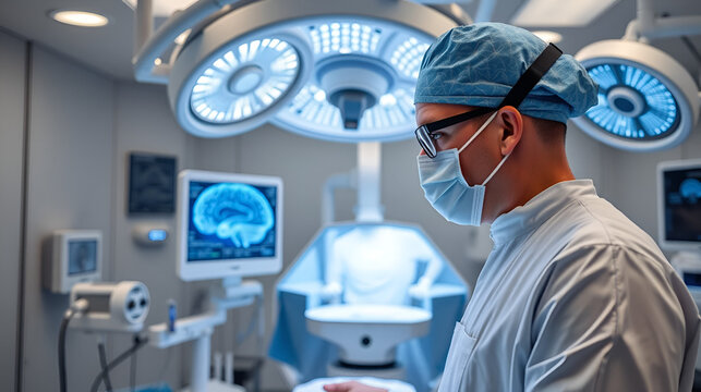 Brain surgery using advanced technology, digital 3D mapping guiding surgeon, ultra-modern operating room, cutting-edge medical equipment, professional and precise