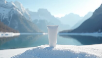 White tube of skincare cream sits on snowdrift. Majestic mountains and calm lake form background. Winter landscape evokes purity, freshness, natural beauty. Minimalist design highlights product.