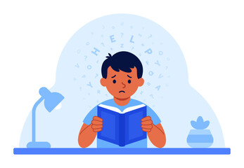 Boy struggling to read a book with swirling letters symbolizing dyslexia. Word blindness, learning disability, education, mental health concept. Flat vector illustration isolated on white background