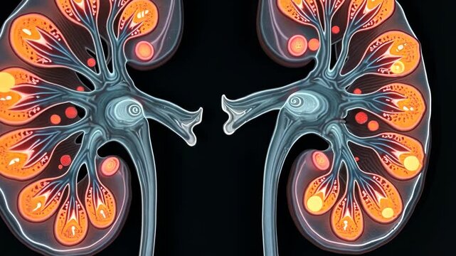 kidney scan, renal imaging, urinary function. Organ health. Nephrons filter blood efficiently daily. Glomeruli response improves waste clearance. 3D medical render shows renal anatomy.