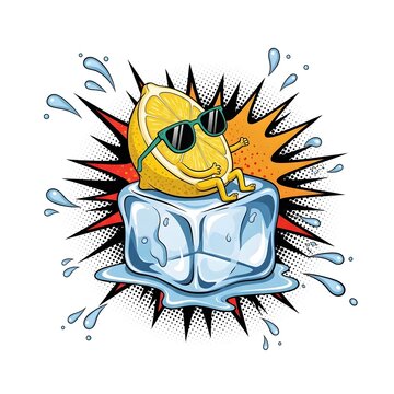 Cartoon fruit character wearing sunglasses sitting on ice cube with water splash against a starburst background