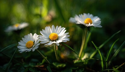 Fototapeta premium Delicate white daisies in grassy meadow, bathed in sunlight