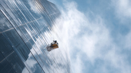 Modern skyscraper with window washer against a bright, cloudy sky. Represents highrise construction, urban development, or the challenges of maintenance in a modern city.