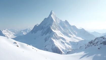 Fototapeta premium Majestic snow-capped mountain peak under clear sky. Pristine white landscape with icy slopes and rocky outcrops. Cold weather, high altitude scene evokes tranquility and natural beauty.