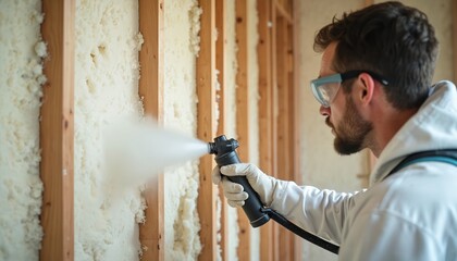 Worker sprays foam insulation into wall cavity. Biodegradable, creamy texture expands for easy application. Creates thermal barrier, seals building for energy efficiency. Sustainable construction