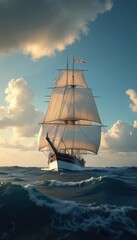 Majestic tall ship sails ocean waves under cloudy sky. Billowing white sails catch sunlight, boat journey. Illustration evokes adventure, exploration, sense of historic maritime travel across sea.