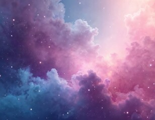 Abstract watercolor background with pastel gradient of pink, purple, and blue. Soft grainy texture with clouds and scattered stars, ideal for web banners and digital art.
