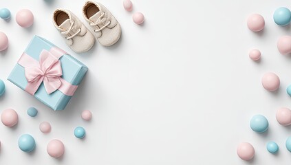 Baby shower gift, light pastel colors.  Baby shoes, gift box, pastel spheres