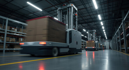 A fleet of autonomous forklifts operates in a smart warehouse, optimizing inventory and order fulfillment with a sophisticated WMS.