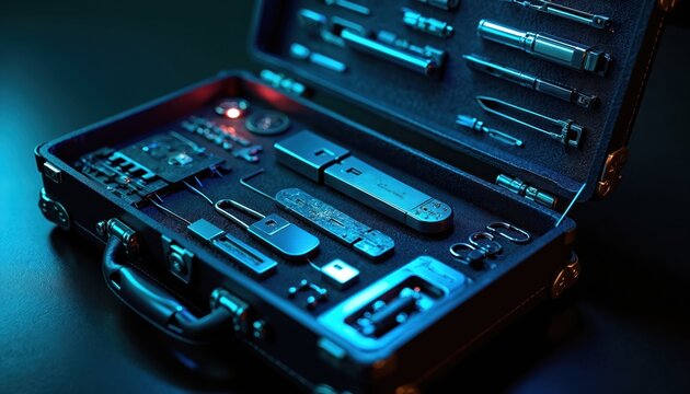Cybercriminal toolkit, black briefcase containing digital intrusion instruments. Tools include USB drives, lock picks, circuit boards, security devices, signifying past successful cyberattacks,