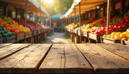 Fototapeta premium Rustic wooden table foreground with blurred background of busy farmers market overflowing with vibrant fresh fruits, vegetables in sunshine. Offers natural texture, wholesome organic produce for