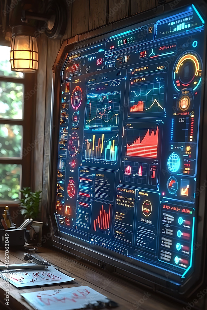 Aufkleber futuristic digital dashboard displays realtime data graphs on a large screen in a rustic wooden room