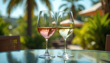 Two wine glasses, one with rose, one with white wine, sit on glass table. Background shows sunny patio with tropical plants, palm trees, suggesting relaxing summer vacation atmosphere. Perfect for