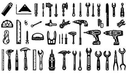 A comprehensive collection of essential hand tools and construction implements, presented as detailed black vector icons for various repair and building projects.