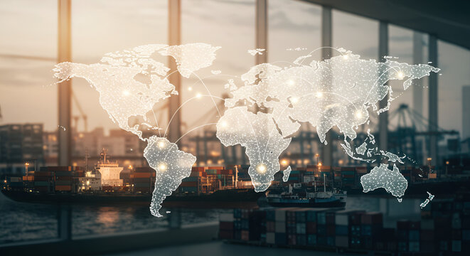 Advanced WMS and supply chain logistics concept with a digital world map overlay on a busy container port, symbolizing global trade and distribution.