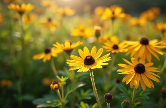 Field of vibrant yellow flowers bathed in warm sunlight. Delicate petals and dark centers create a cheerful garden scene with lush green foliage. Perfect for nature, beauty, and summer themes. - Powered by Adobe
