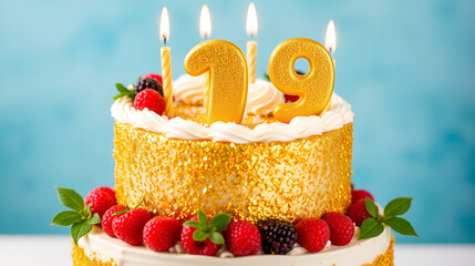 Festive ninth birthday cake with gold accents and fresh berries for celebration