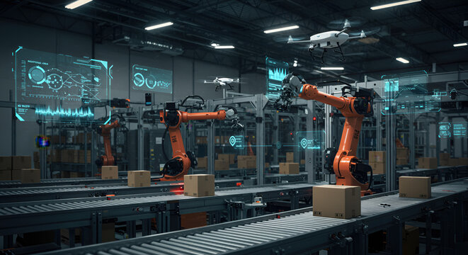 Automated WMS Warehouse System with Robotic Arms and Drone Technology