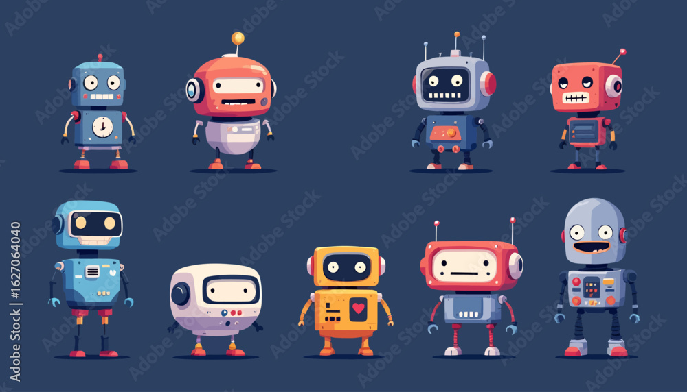 Aufkleber collection of eight charming, retro-style robots depicted in a flat vector illustration with a simpl