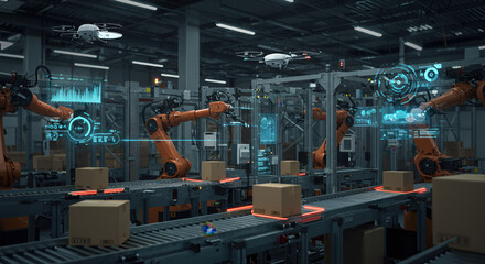 Advanced WMS integration in a smart factory, showcasing robotic automation on a conveyor line for modern logistics, order fulfillment, and supply chain management