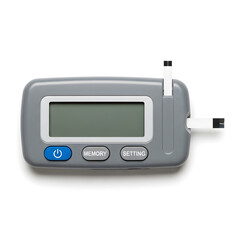 A digital blood glucose meter with a blank screen and test strips for diabetes management.