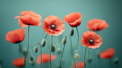 Fototapeta premium Delicate Poppy Field: Vibrant Blooms Against Teal Background, Artistic Photography.