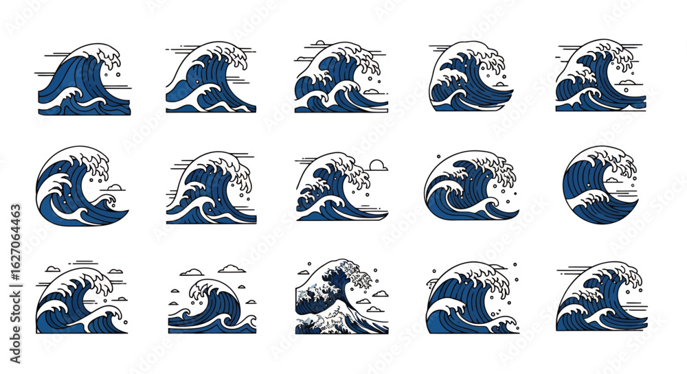 Poster a collection of stylized ocean wave vectors, showcasing a dynamic range of sea swells and splashes, 