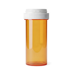 An empty orange prescription pill bottle with a white child-resistant cap on a white background.