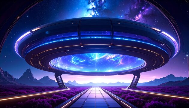 Futuristic spaceship hovering above a purple-hued landscape