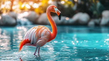 Elegant Pink Flamingo Wading in Sparkling Turquoise Water with Golden Sunlight Bokeh