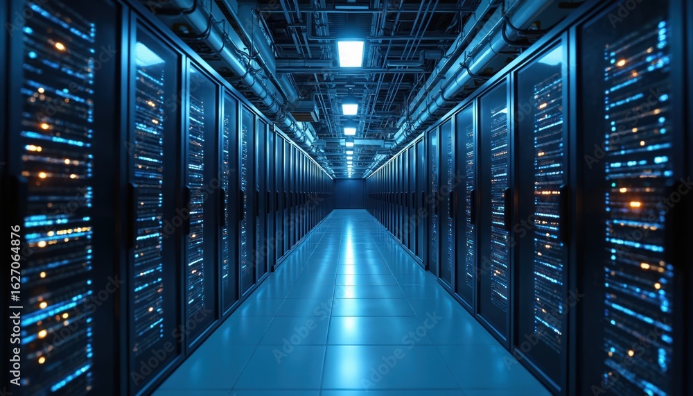 Poster data center hallway with endless rows of servers, blinking lights, suggesting active data transmissi