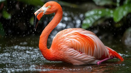Fototapeta premium Vibrant Flamingo in a Serene Water Dance with Glistening Droplets