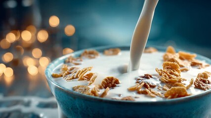 Milk pouring over cereal in a bowl - Powered by Adobe