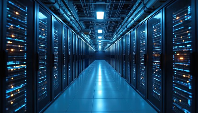 Data center hallway with endless rows of servers, blinking lights, suggesting active data transmission. Rows of computing hardware illuminated by blue, white lights, creating futuristic digital - Powered by Adobe