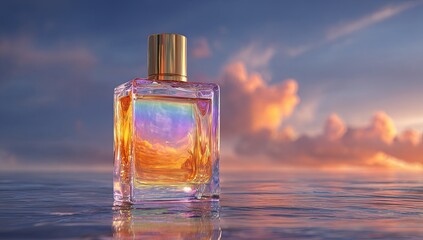 Golden iridescent perfume bottle on water, sunset
