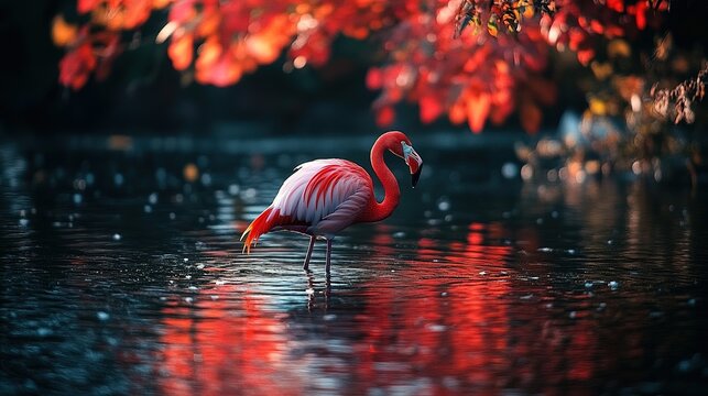 Elegant Flamingo in Reflective Water, Autumnal Foliage Backdrop