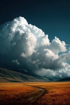 Dramatic cumulus clouds over a vast golden field and rolling hills A dirt path meanders through the landscape