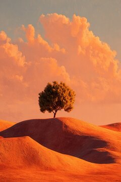 Solitary tree on rolling orange hills under a sunset sky with pink clouds