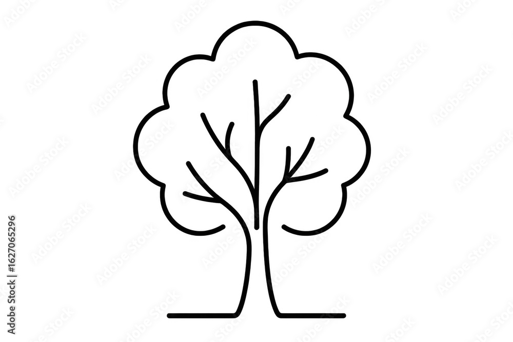 Poster simple line art drawing of a stylized tree with a rounded crown, suitable for various design project
