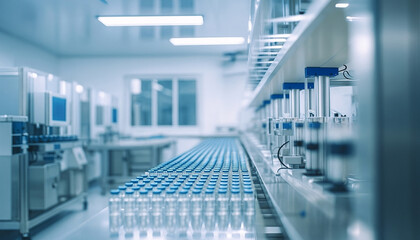 Modern pharmaceutical laboratory interior with automated production line and rows of sterile glass bottles