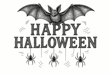 Obraz premium Happy Halloween lettering with big bat and spiders hand drawn black and white vector doodle illustration, engraving or woodcut SVG, Halloween theme design