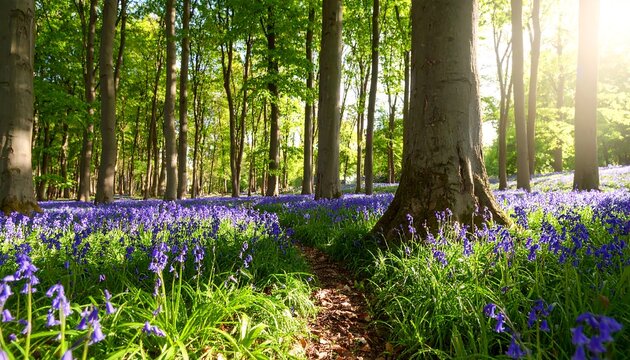 Sunlight filters through a forest canopy illuminating a carpet of vibrant bluebells - Powered by Adobe