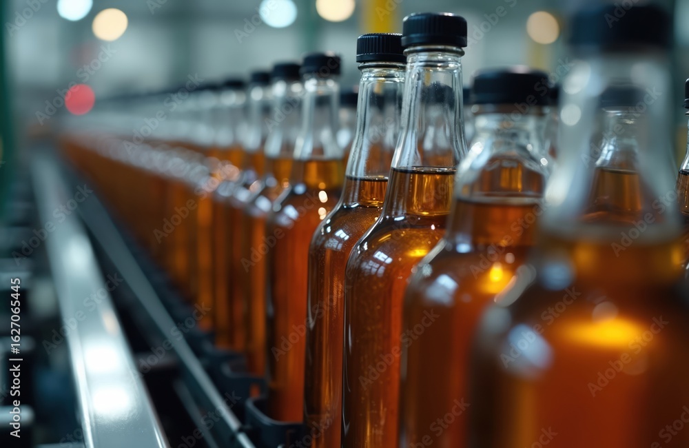 Poster bottles fill on automated production line. precise engineering creates efficient manufacturing proce