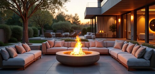 Luxury patio features modern sectional sofa surrounding concrete fire pit. Warm glowing flames illuminate tranquil backyard scene at dusk. Outdoor living space blends contemporary architecture with