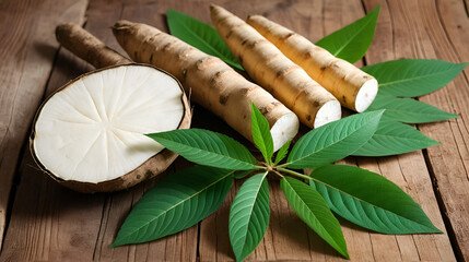 Fresh cassava root with slices and green leaves on a rustic wooden background